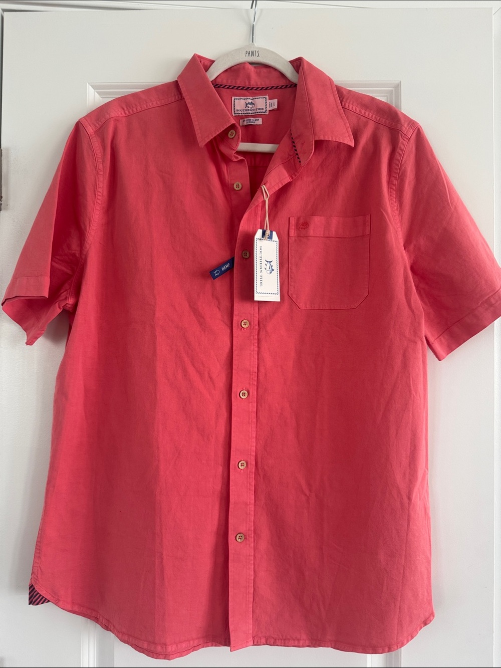 Southern Tide Men's Short-Sleeve Button-Down Shirt in Coral Red Size L